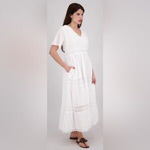 Ananta size S/M White Boho‎ Eyelet V-Neck Maxi Dress NWT Cotton Vacation Lined